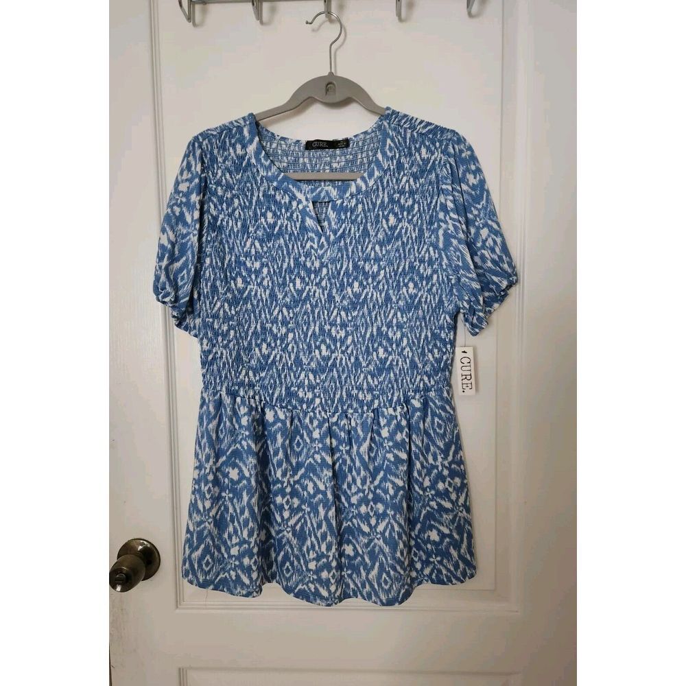 Cure Peplumโ Women's Blouse Round Neck Short Sleeve Blue White Size XL